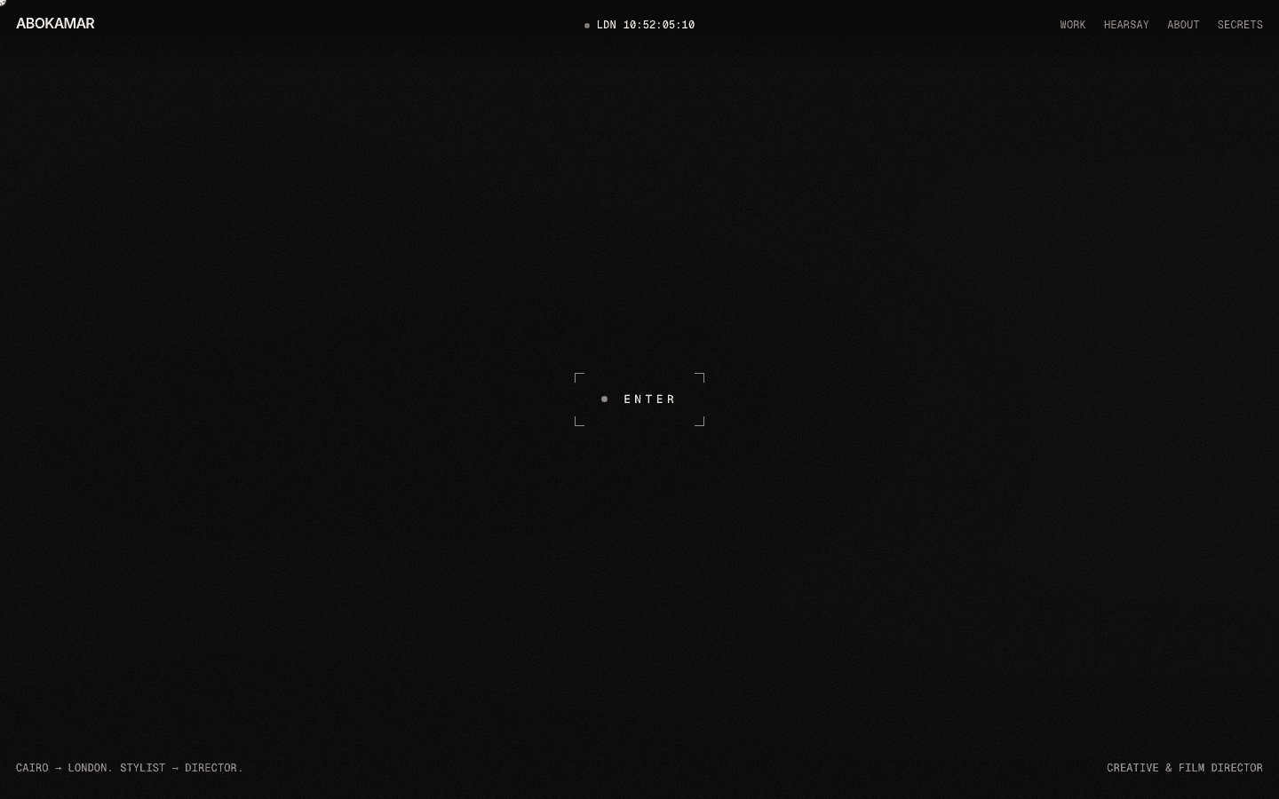 Abokamar film portfolio: black canvas, restrained typography and an Enter frame. Public-page capture, October 2026.
