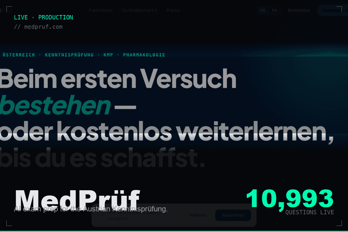 MedPrüf — German-language landing hero "Beim ersten Versuch bestehen", "10,993" questions metric.
